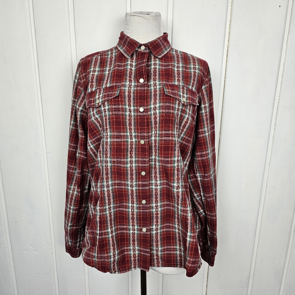 Woolrich Western Red Plaid Long Sleeve Snap Button Down Top Women's Large - Picture 1 of 12